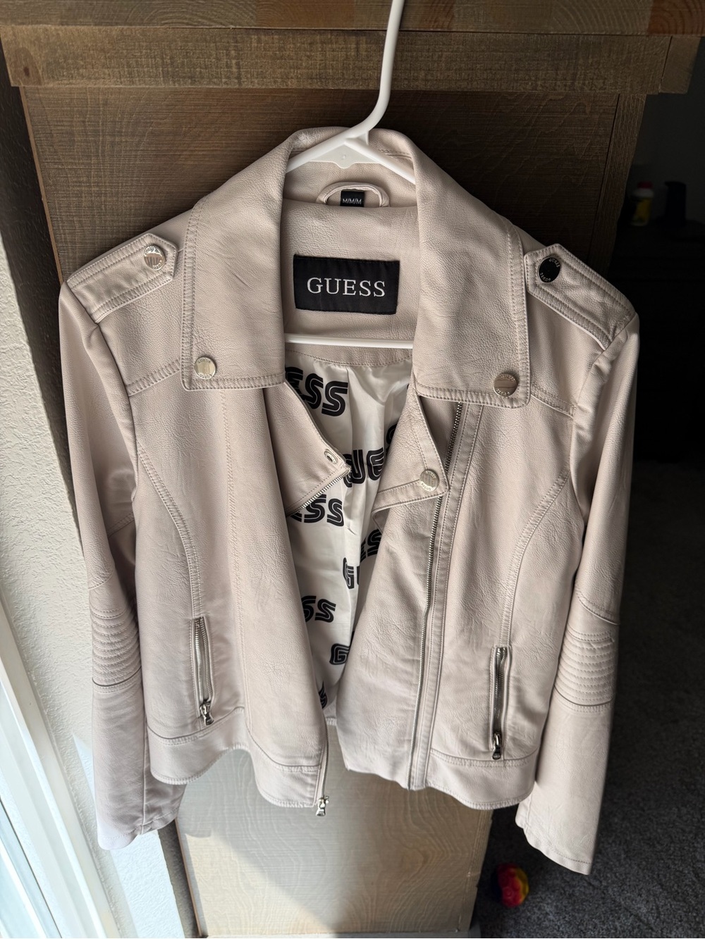 GUESS Women's Light Cream Leather Biker Jacket